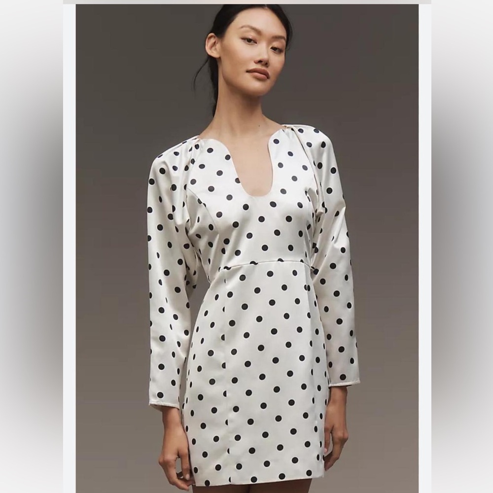 Anthro Siempre x Anthropologie Polka Dot Satin Mini Dress Ivory Black M